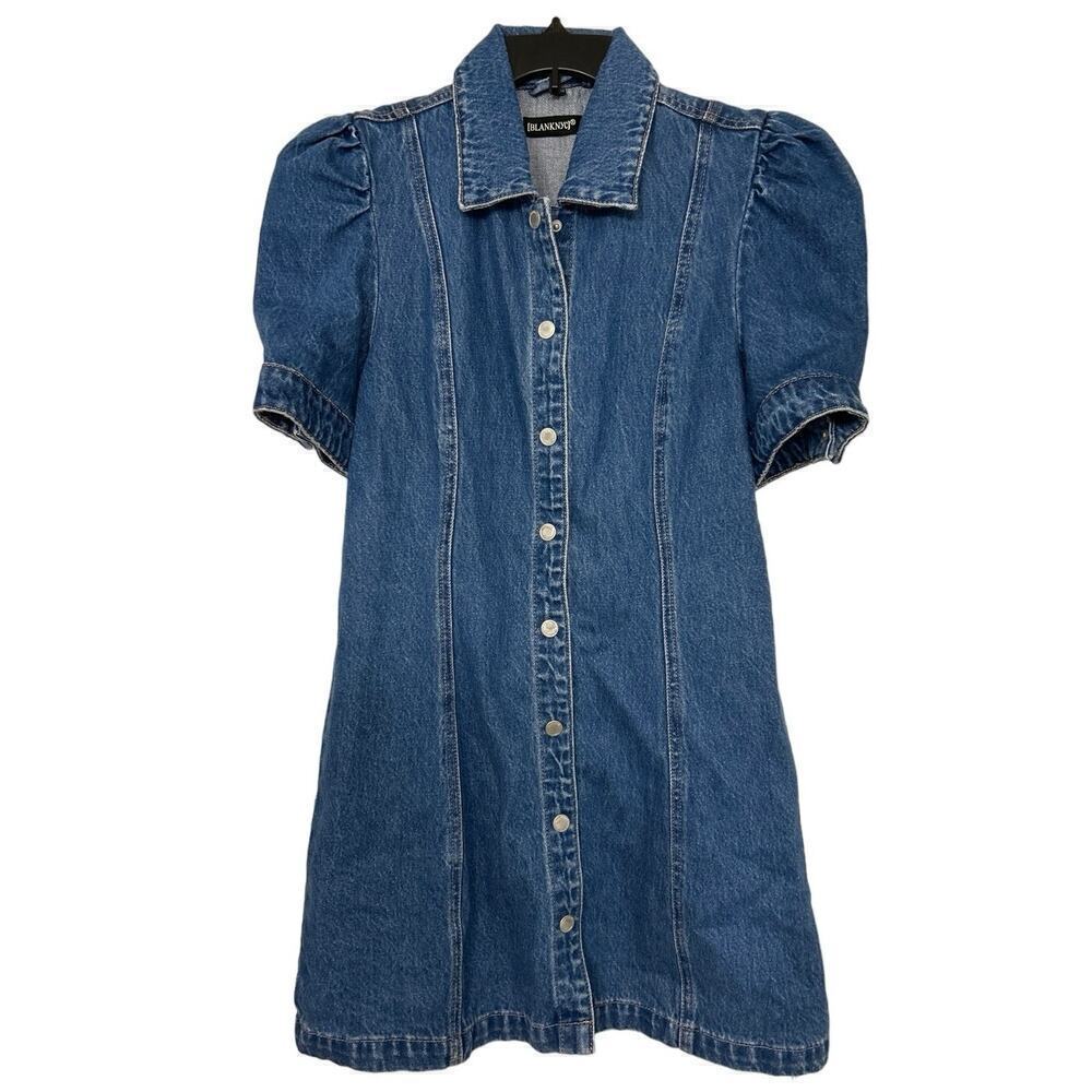 BLANK NYC NWT Walk In The Park Denim Puff Sleeve Mini Dress Size Large - Picture 3 of 13